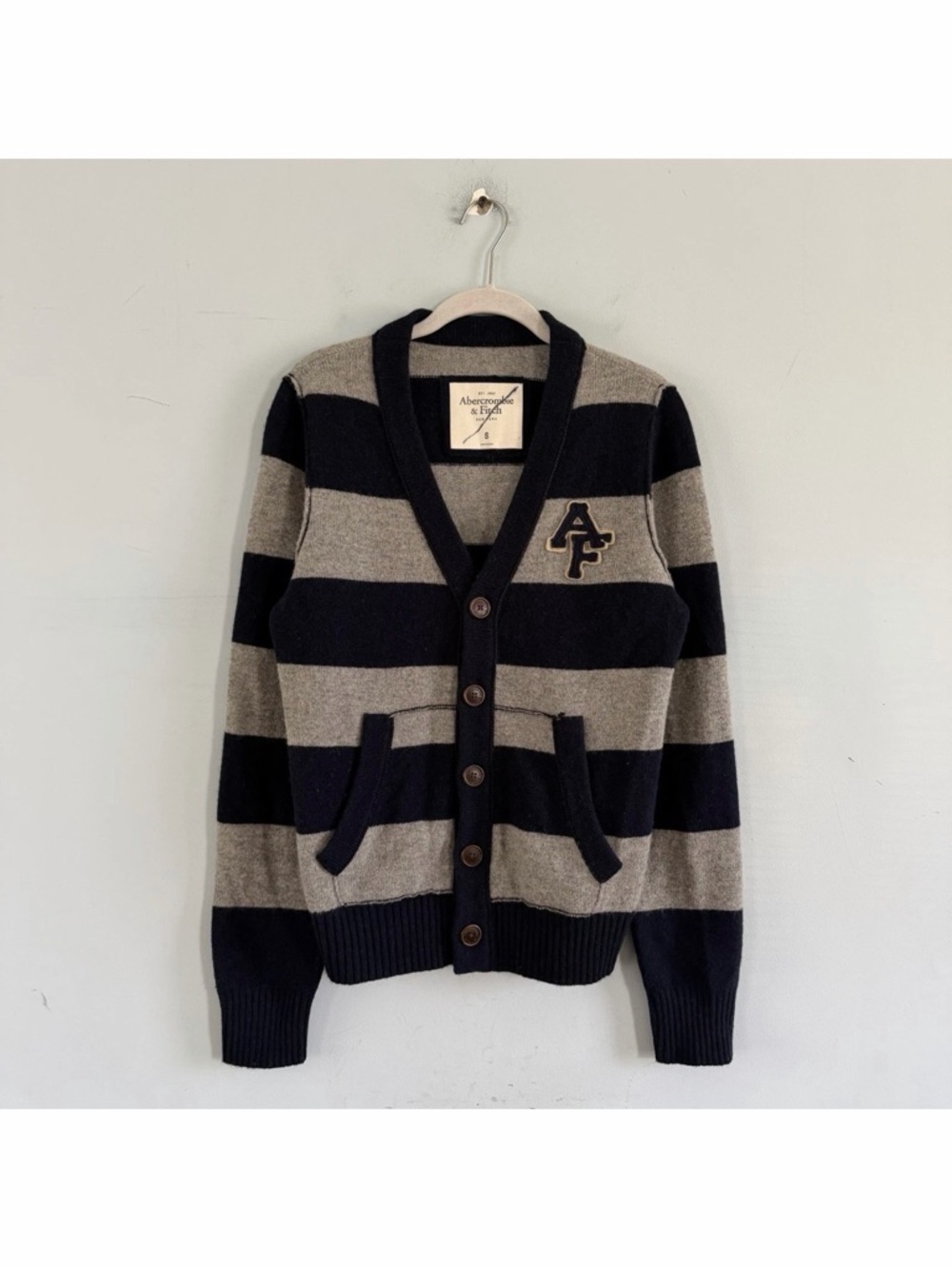 Vintage Abercrombie & Fitch Y2K‎ Rugby Cardigan Striped Blue Gray Wool Sweater - Picture 2 of 5